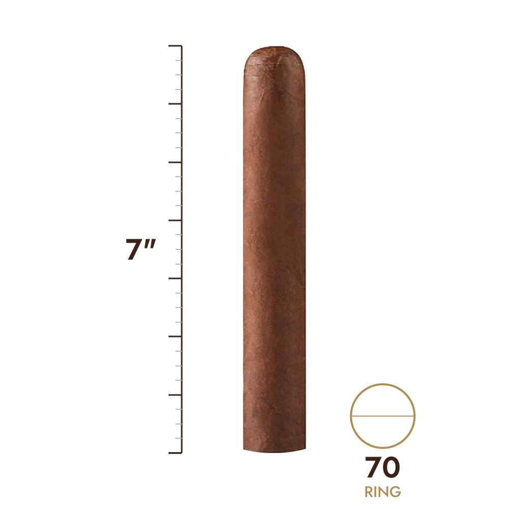 Cigar size: 7" long, 70 ring gauge, to scale