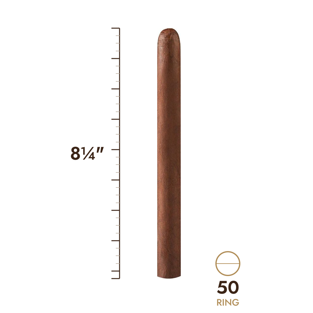 Cigar size: 8¼" long, 50 ring gauge, to scale